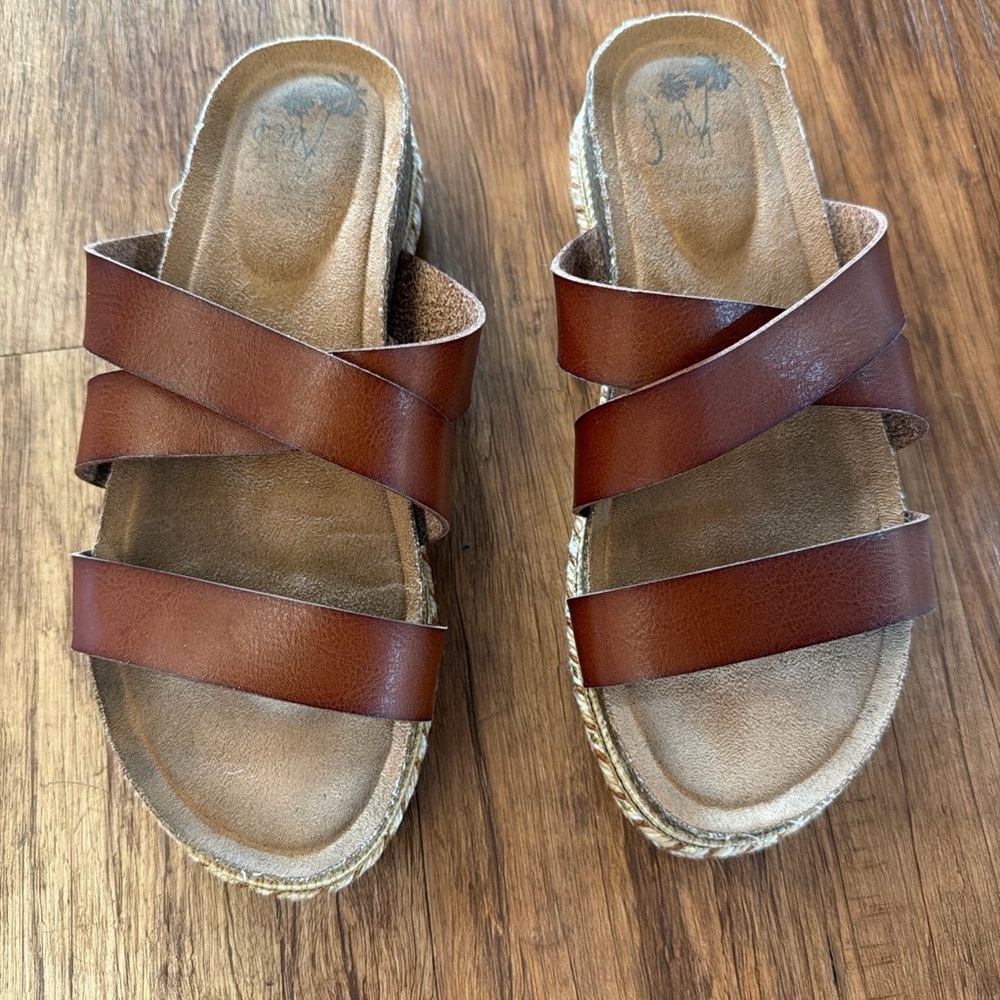 JellyPop Brown Leather Strap Platform Slide Sandals Boho Espadrille Women 8 Est.